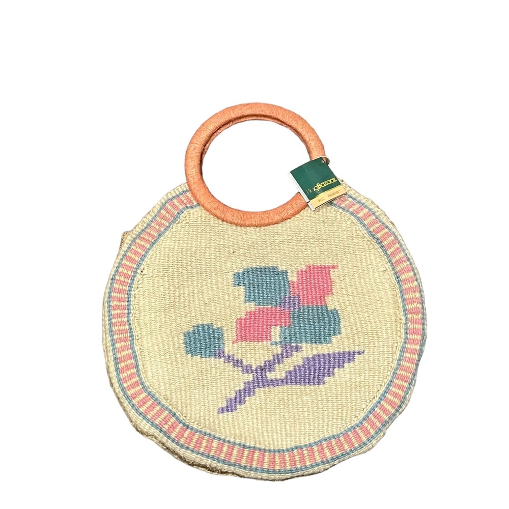 Vintage Boho Round Woven Straw Floral Purse Bag